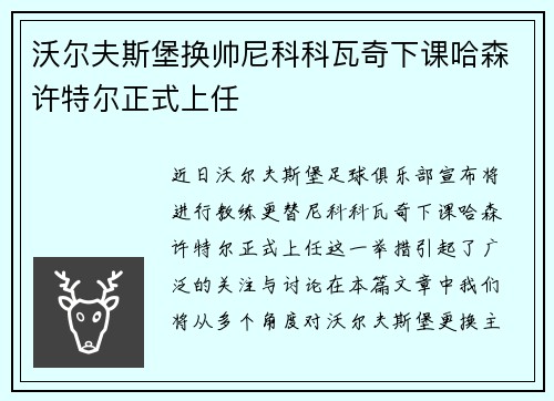 沃尔夫斯堡换帅尼科科瓦奇下课哈森许特尔正式上任 沃尔夫斯堡换帅尼科科瓦奇下课哈森许特尔正式上任